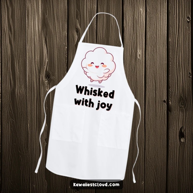 Funny apron with a fluffy cloud character joyfully bouncing with rosy cheeks, adding cheerful humor to cooking tasks.