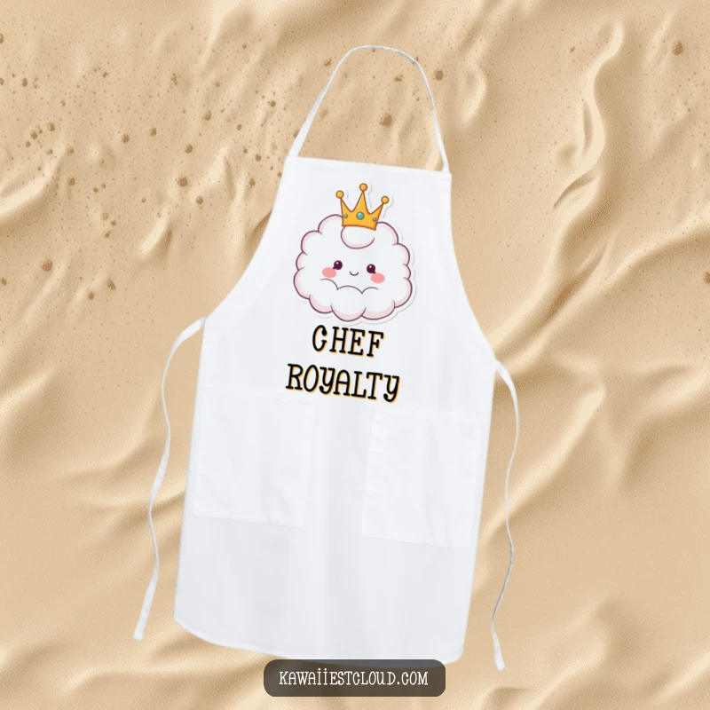 Funny apron displaying a cheerful cartoon cloud wearing a fluffy crown, ideal for a regal and humorous kitchen experience.