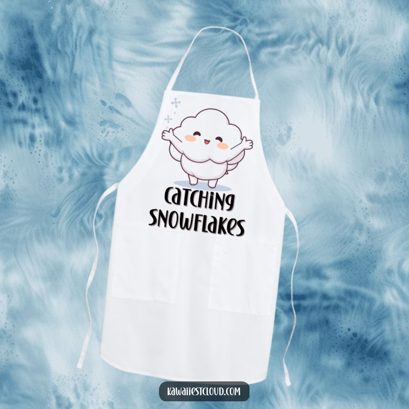 Funny apron showing a cartoon cloud with arms reaching out to catch a snowflake, for a cheerful winter kitchen.