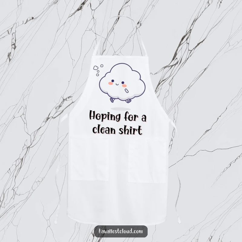 Funny cloud hop apron showing a character attempting a silly hop, leaving a puff of vapor, ready for kitchen fun with a playful attitude.