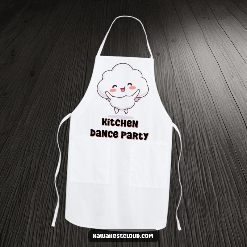 Funny cloud apron depicting a character performing a silly, bouncy jig, perfect for a fun kitchen.