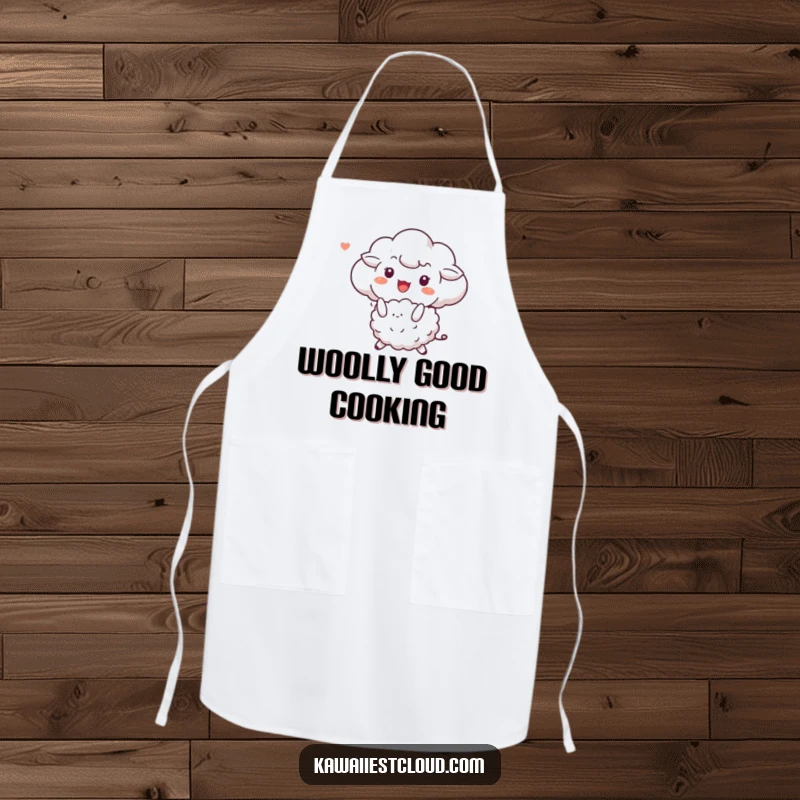 Funny apron with a cloud character joyfully bouncing a sheep, adding playful charm to kitchen chores.