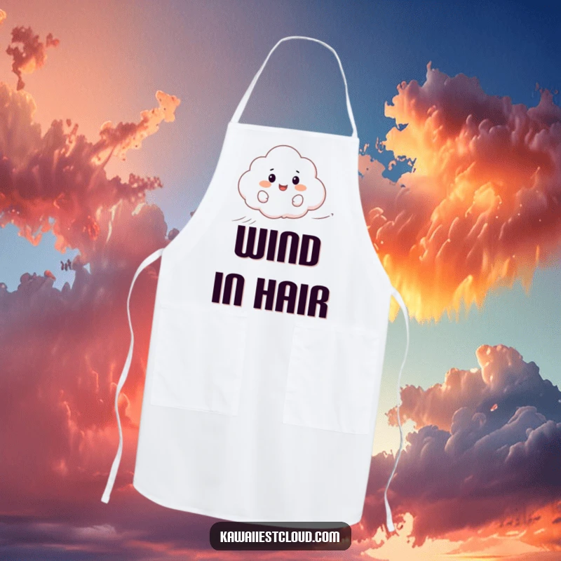 Funny apron showing a happy cartoon cloud surfing on a gentle wind, adding a breezy touch to cooking.