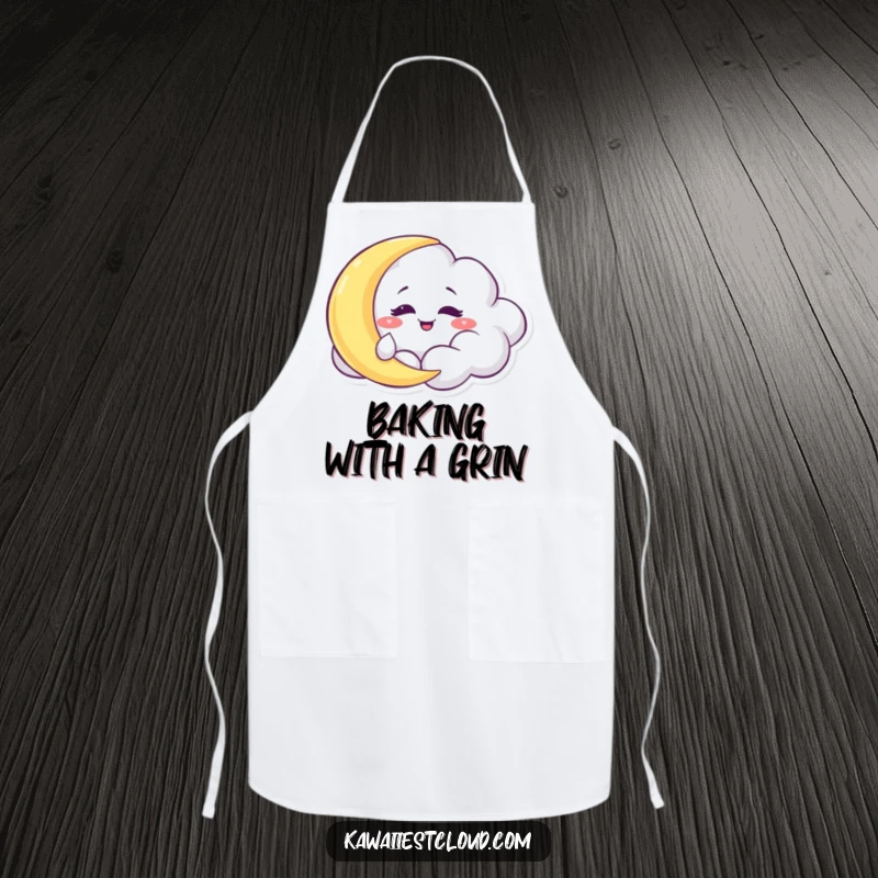 Funny Apron: A mischievous cloud character with a grin, playfully tickling a sleepy moon in the night sky.