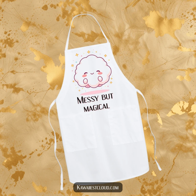 Funny Apron featuring a fluffy cloud character joyfully raining tiny, colorful sparkles, perfect for kitchen fun and mess-free cooking.