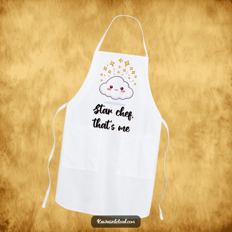 Funny apron featuring a cloud character happily showering tiny, sparkling stars, perfect for a magical cooking session.