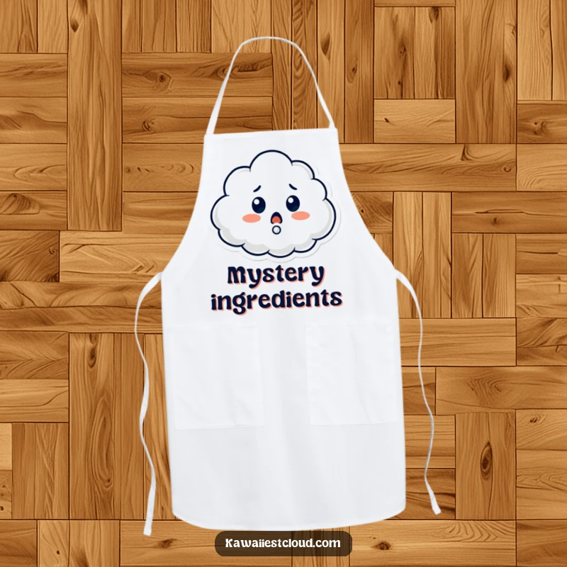 Funny apron with a cloud character looking surprised and featuring a question mark, adding a humorous and thoughtful touch to cooking.