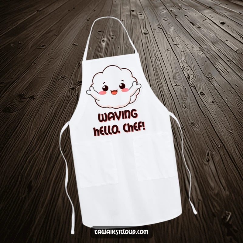 Funny apron featuring a cheerful cloud character joyfully waving its fluffy arms, perfect for a happy cook.