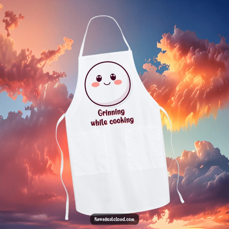 Funny rounded character apron with two dot eyes and a curved smile, making kitchen chores more enjoyable with its simple, humorous design.