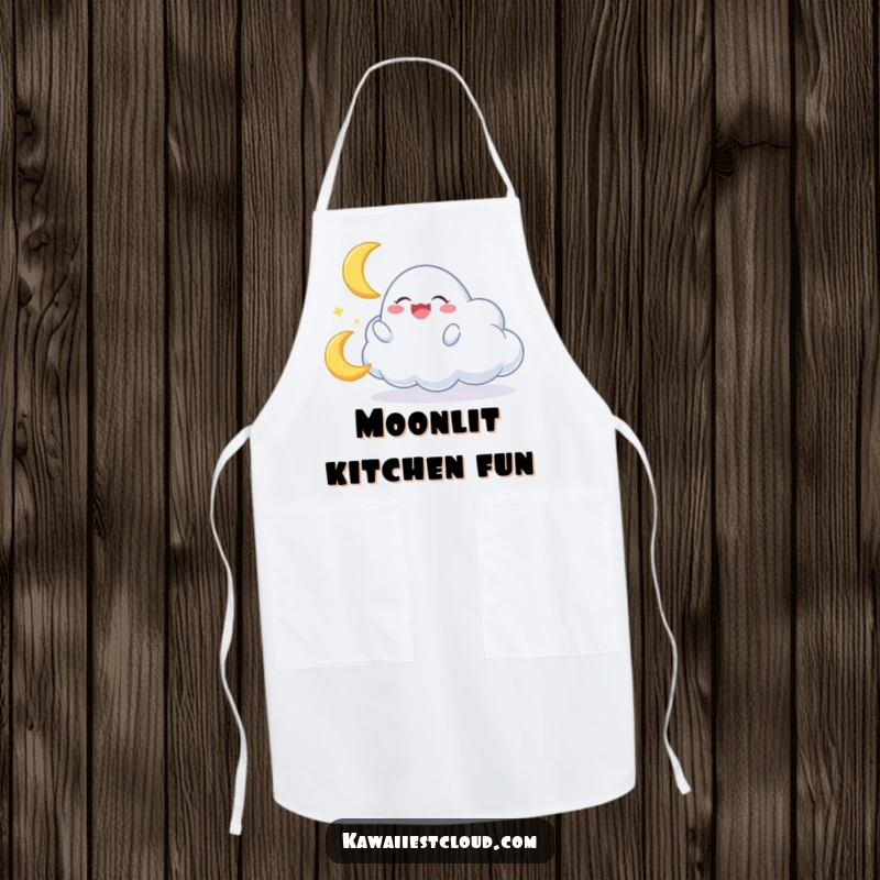 Funny apron featuring a cloud character gleefully playing with a miniature, giggling crescent moon, perfect for whimsical cooking.