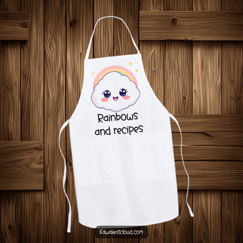 Funny apron featuring a delighted cloud character with big eyes looking at a rainbow, bringing humor and colorful fun.