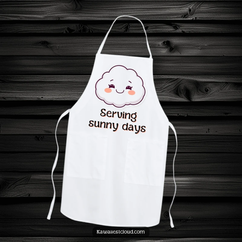 Funny apron adorned with a smiling cloud character, wide grin, floating joyfully, bringing cheer and humor to kitchen tasks.