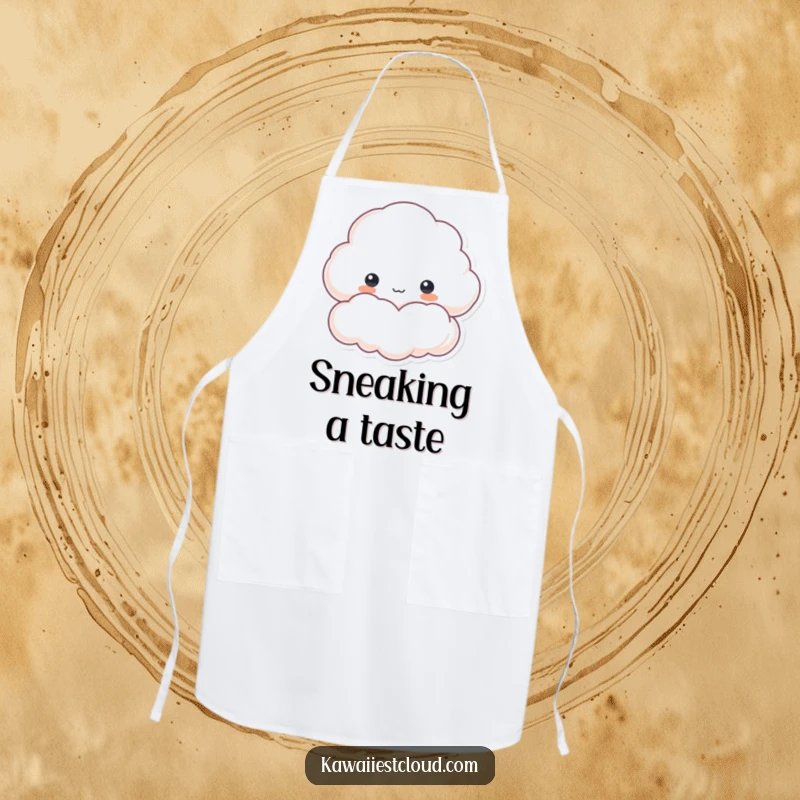 Funny apron with a cloud character curiously peeking from a fluffy edge, bringing playful mystery to the kitchen while offering protection.