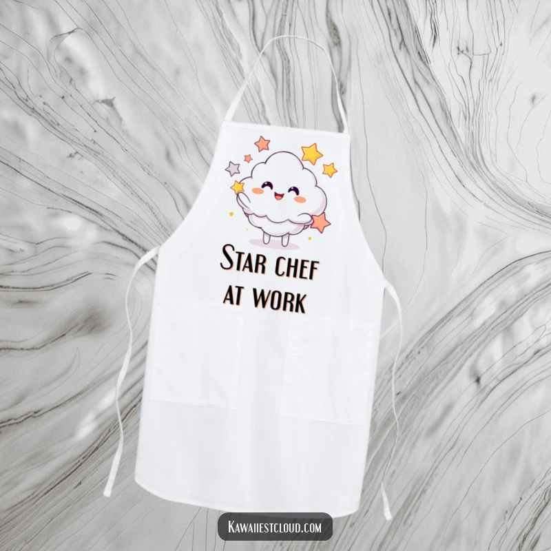 Funny apron depicting a cloud character skillfully juggling bright stars, perfect for kitchen fun and protection.