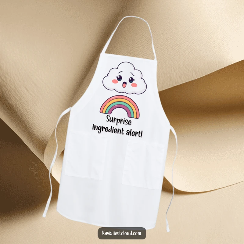 Funny apron showcasing a comical cartoon cloud peeking over a tiny rainbow, perfect for a joyful cooking experience.