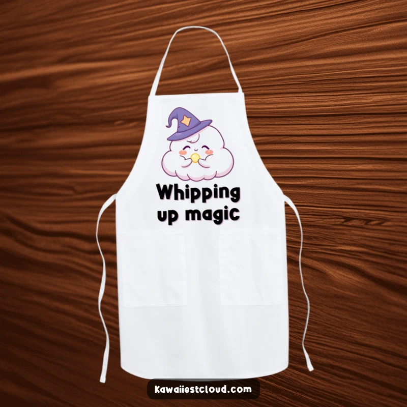 Funny Apron: A cloud character wearing a tiny wizard hat, focused on conjuring a small, enchanting glowing orb.