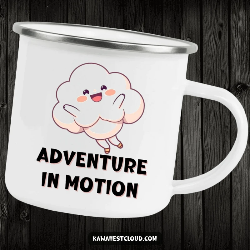 Funny Camping Mug with a delighted cloud character performing a playful somersault in the sky, perfect for outdoor enjoyment.