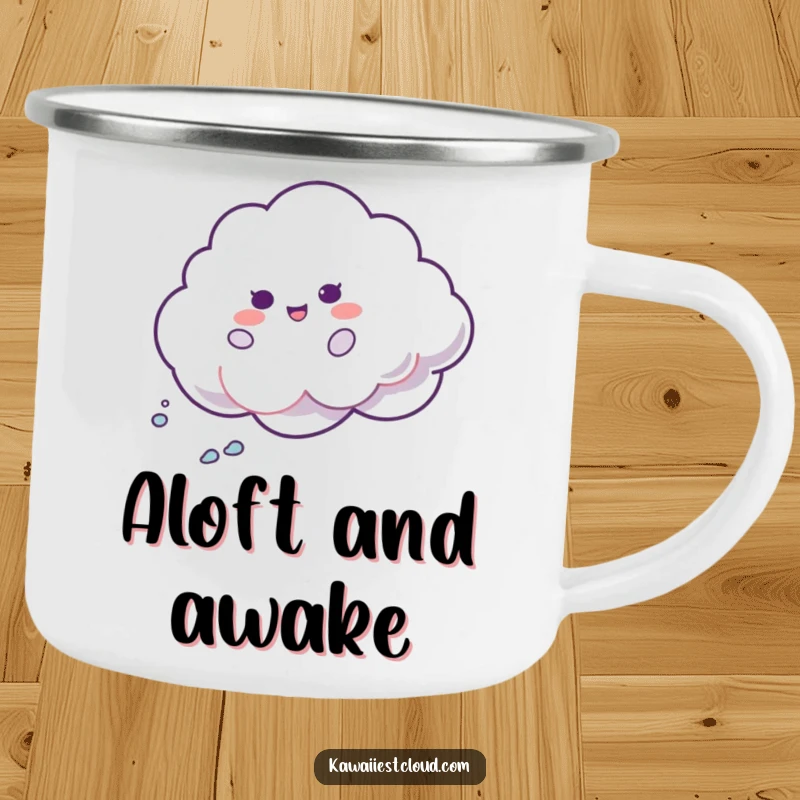 Funny Shimmer Cloud Camping Mug: A playful cloud character spins, its iridescent trail shimmering. Ready for your next funny adventure.