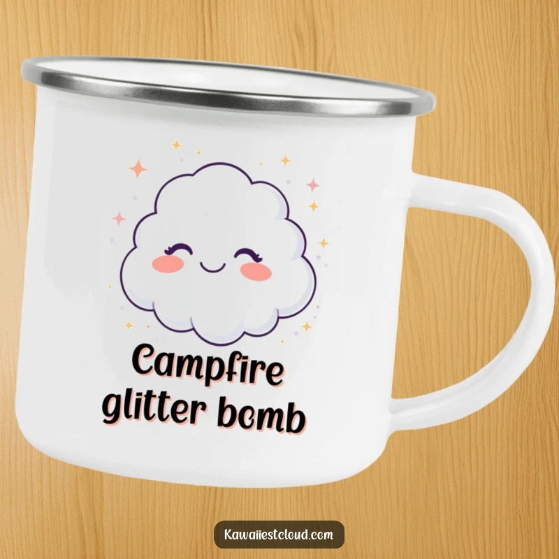 Funny camping mug with a giggling cloud showering sparkling glitter, perfect for outdoor use and adding sparkle.