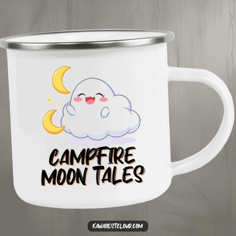 Funny camping mug: a cloud character gleefully playing with a miniature, giggling crescent moon, perfect for whimsical trips.