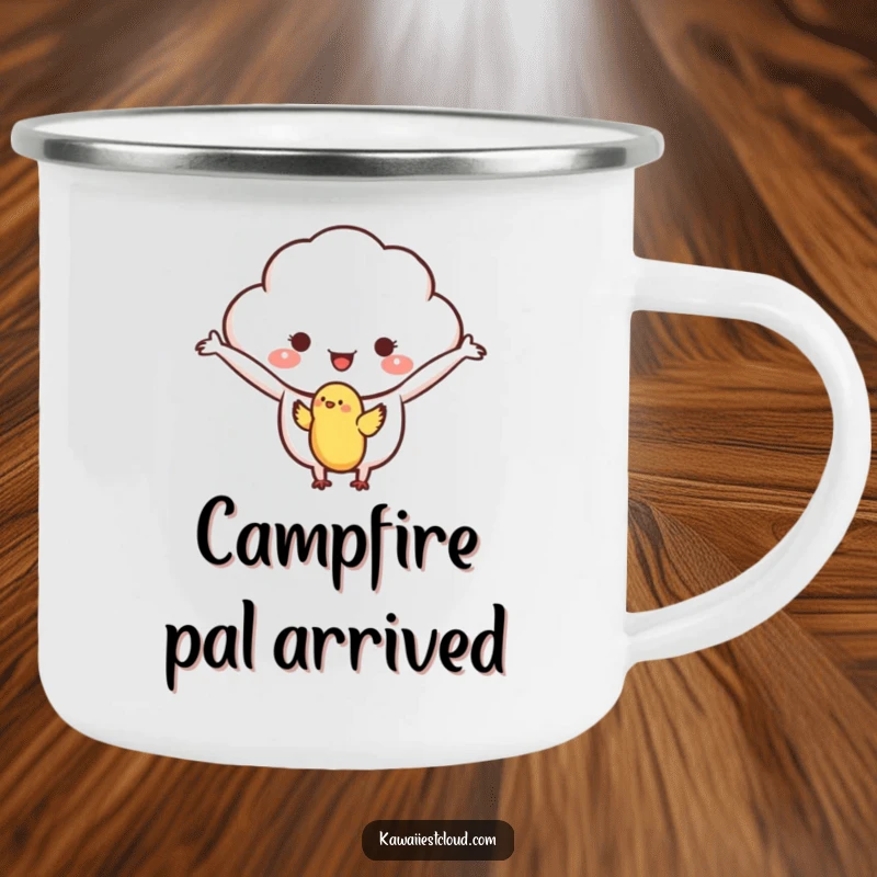Funny camping mug with a welcoming cloud character, arms open, gently receiving a small bird, ideal for outdoor warmth.