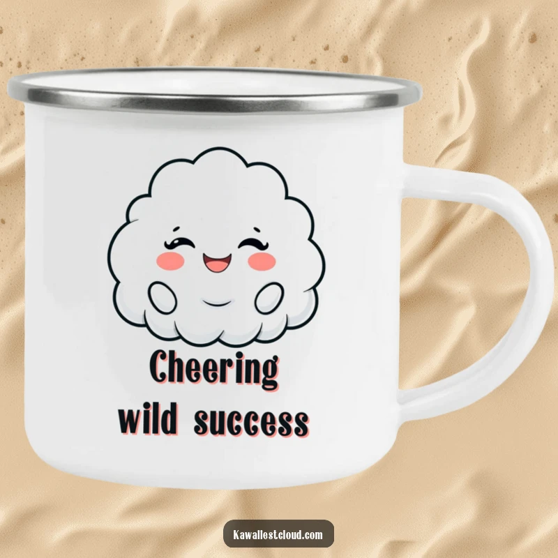 Funny camping mug: a cloud character cheering with a wide, fluffy smile, perfect for positive outdoor experiences.