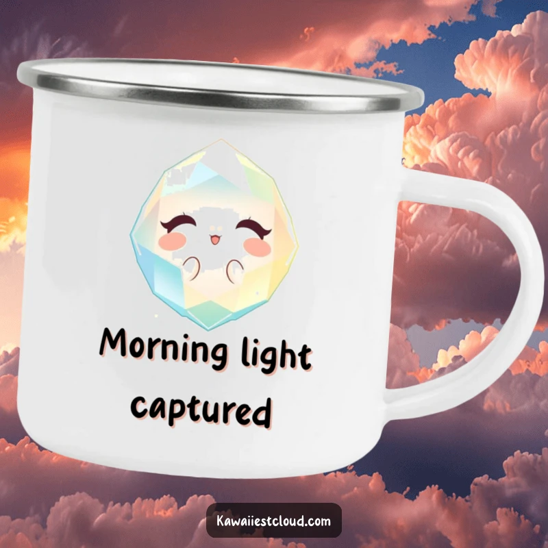 Funny sparkling gem camping mug radiating a gentle, welcoming light, perfect for humorous adventures.