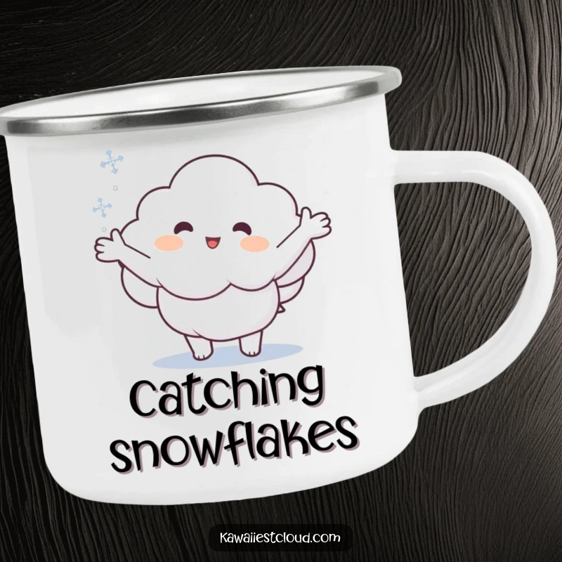 Funny camping mug with a cartoon cloud reaching for a snowflake, perfect for winter outdoor enthusiasts.