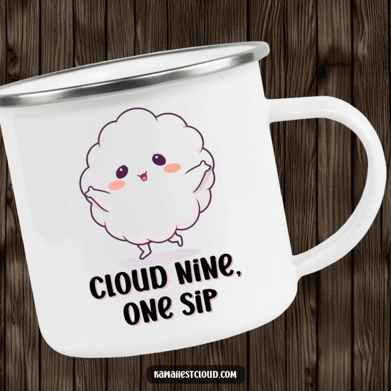 Funny Camping Mug: A sturdy mug featuring a cloud character in a lively silly dance, ideal for outdoors.