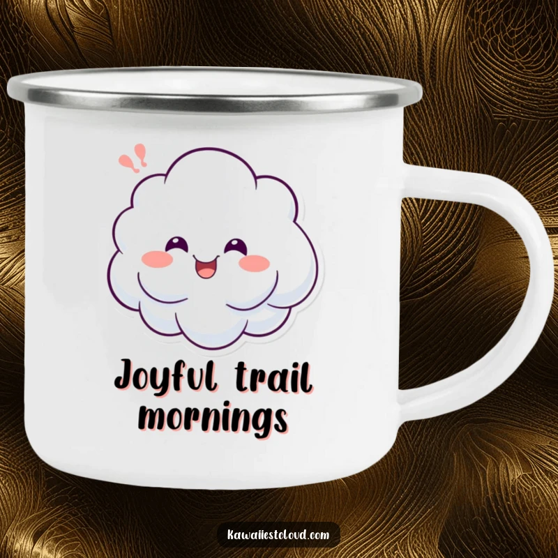 Funny camping mug with a cheerful cloud character letting out a happy sigh, perfect for enjoying drinks outdoors with a joyful vibe.
