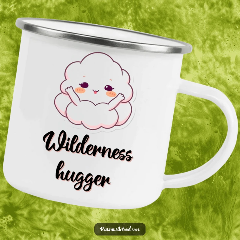 Funny cloud camping mug with arms outstretched, embracing the sky, ideal for outdoor adventures.