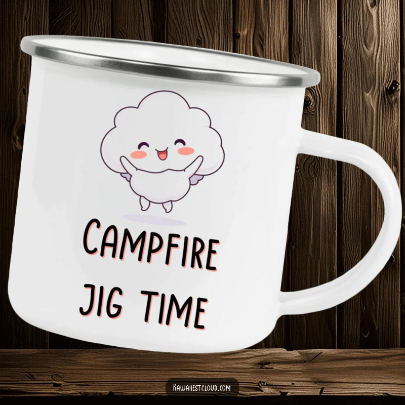 Funny cloud camping mug illustration of a character doing a silly, bouncy jig, ready for adventure.