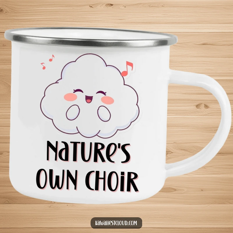 Funny camping mug showing a happy cloud character singing a melody, perfect for outdoor adventures and warm drinks.