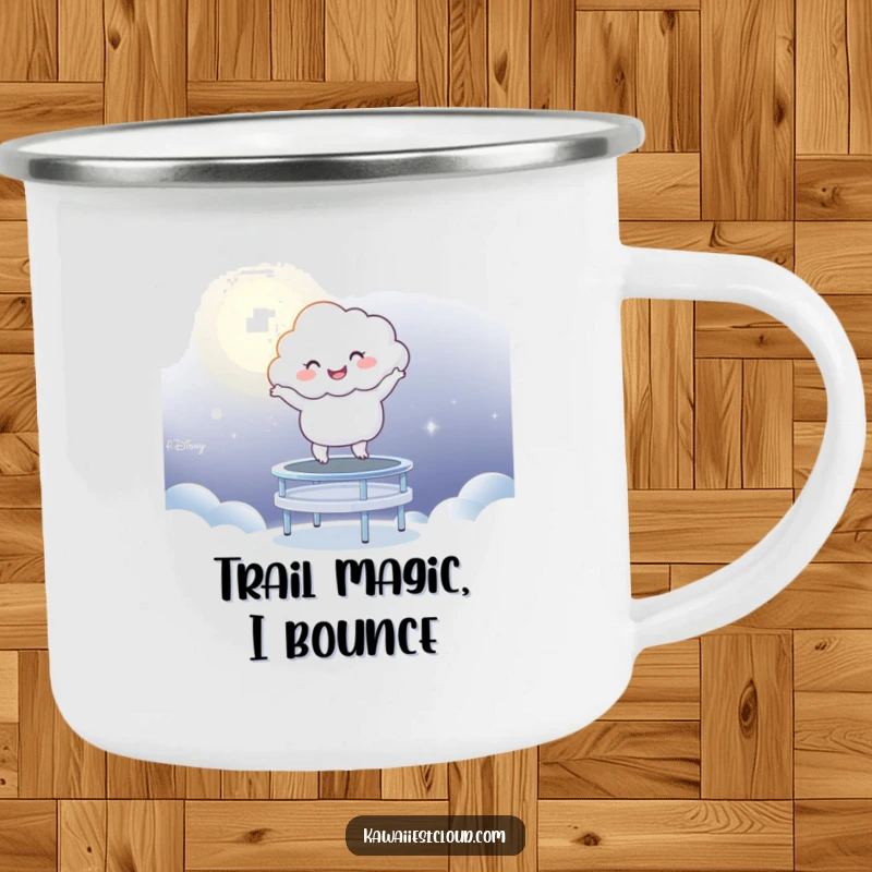Funny Camping Mug: A happy cloud character joyfully bouncing on a mystical trampoline made of moonlight.