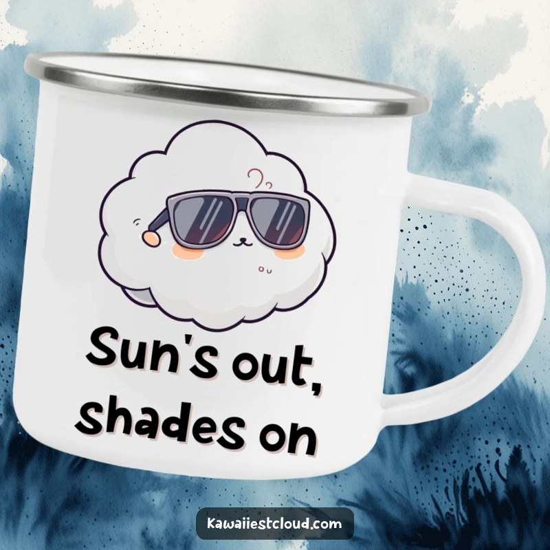 Funny cool cloud camping mug character wearing oversized sunglasses, exuding coolness perfect for enjoying drinks in the great outdoors.