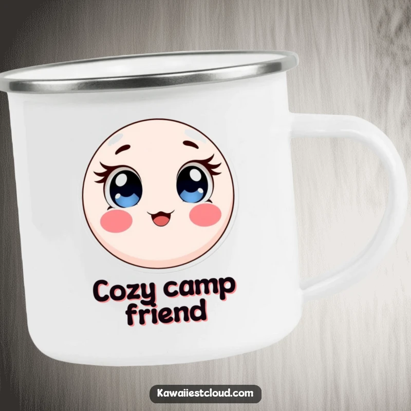 Funny camping mug with a round, soft object featuring large, expressive eyes and rosy cheeks, designed for cheerful outdoor enjoyment.