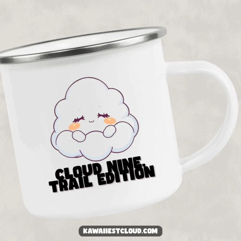 Funny Camping Mug: A dreamy cloud character floats peacefully with closed eyes, perfect for serene outdoor enjoyment.