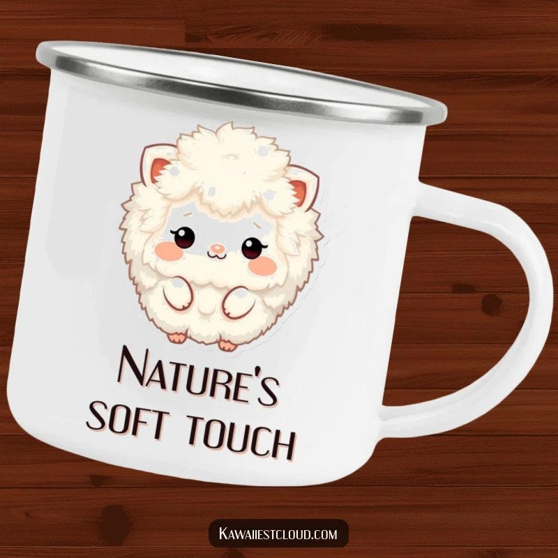 Funny fluffy, textured character camping mug with minimalistic features, offering a durable and humorous companion for outdoor adventures.