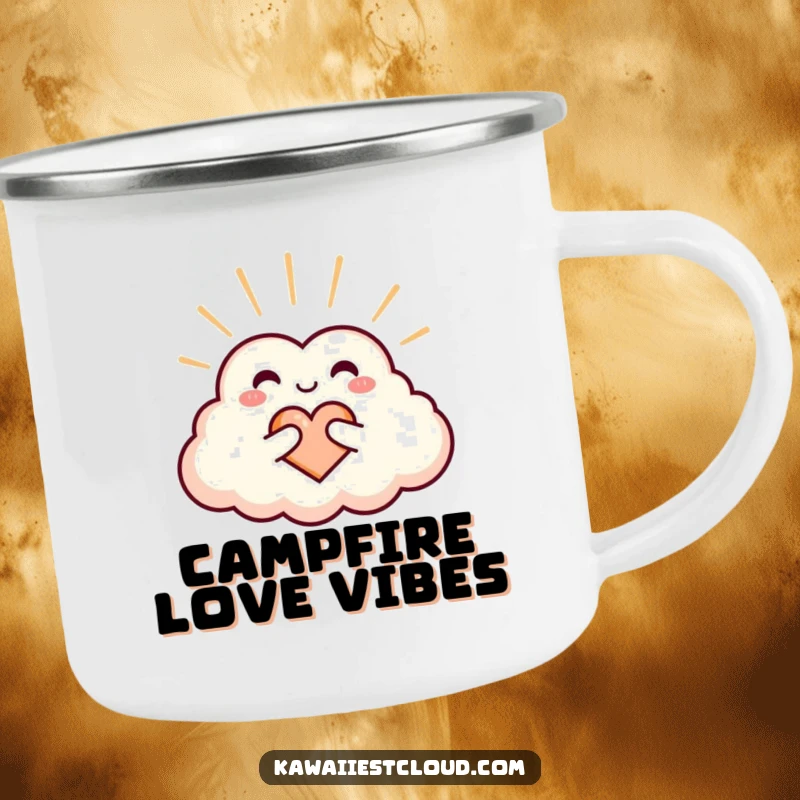 Funny heart-shaped cloud camping mug radiating warmth and love, ideal for outdoor enthusiasts.