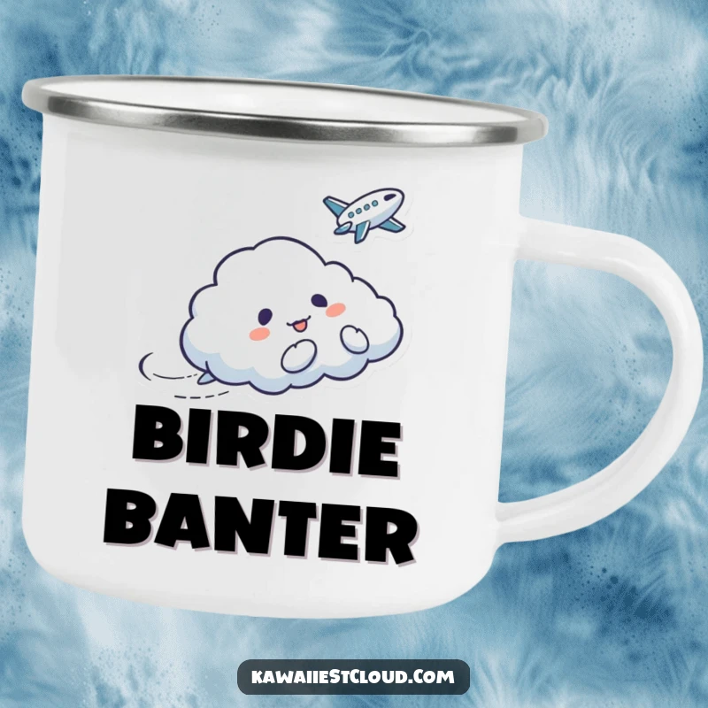 Funny camping mug showing a mischievous cloud character tickling a bird, perfect for sipping beverages on the go.