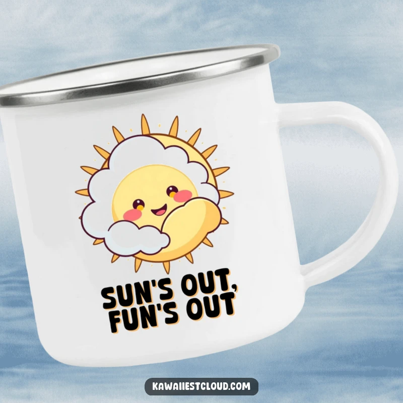 Funny Camping Mug: Cute cloud character with a happy, wide grin peeking from behind a large sun, perfect for outdoor smiles.