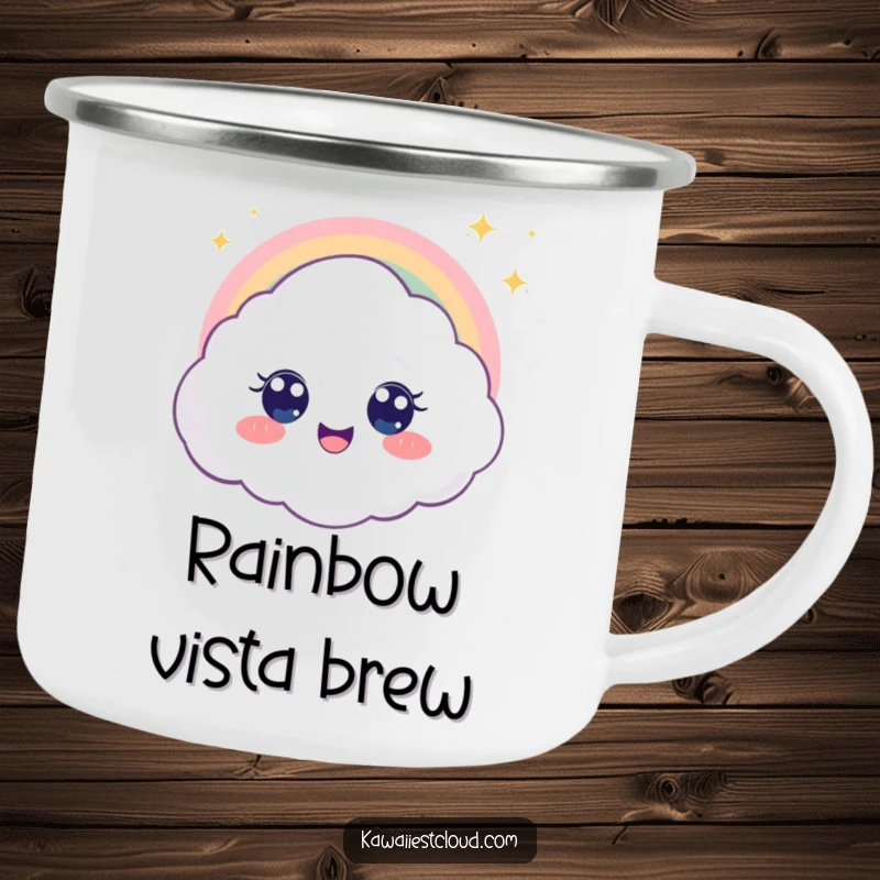 Funny camping mug featuring a delighted cloud character with big eyes looking at a rainbow, perfect for adventurers who love color.