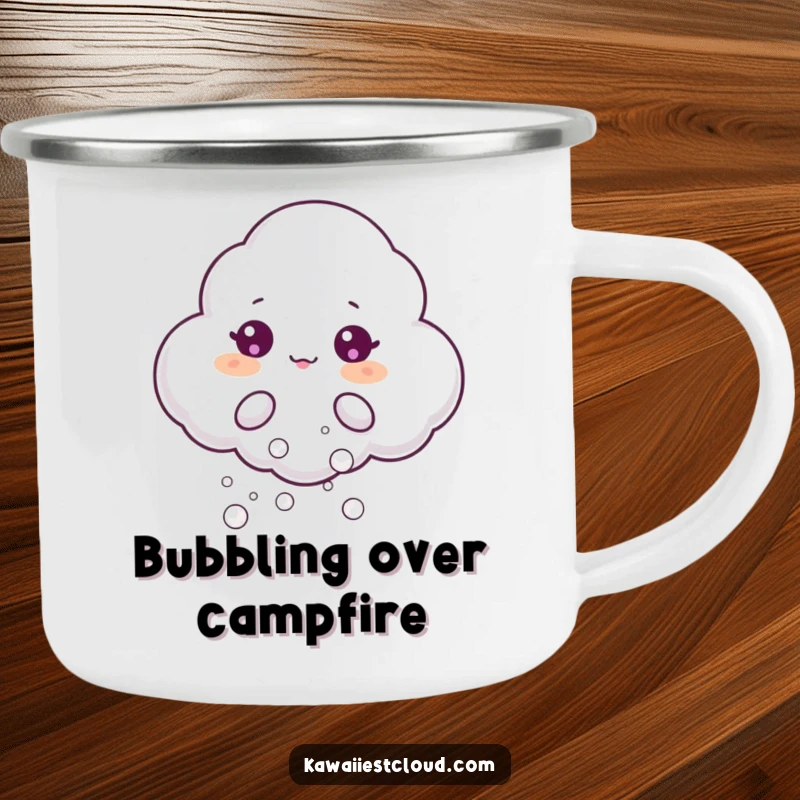 Funny camping mug featuring a beaming cloud character joyfully blowing small, shimmering bubbles, perfect for cheerful outdoor moments.
