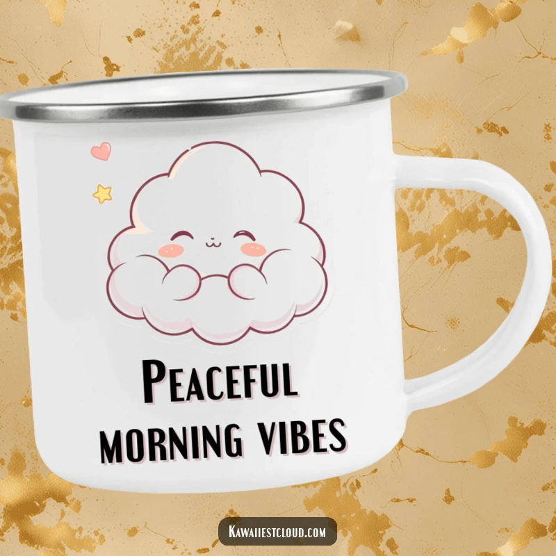 Funny camping mug featuring a serene cloud character with a peaceful expression, floating dreamily, perfect for quiet outdoor moments.