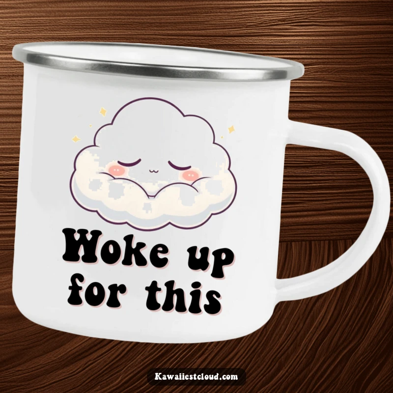Funny Camping Mug: A sleepy cloud character peacefully drifting and glowing softly, great for outdoor adventures and warm drinks.