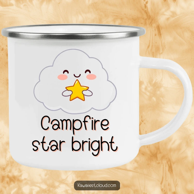 Funny Camping Mug with a smiling cloud character holding and offering a tiny, bright star, perfect for sharing warmth outdoors.