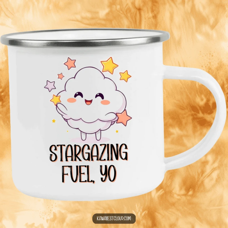 Funny camping mug showcasing a happy cloud character juggling stars, bringing cosmic fun to outdoor adventures.