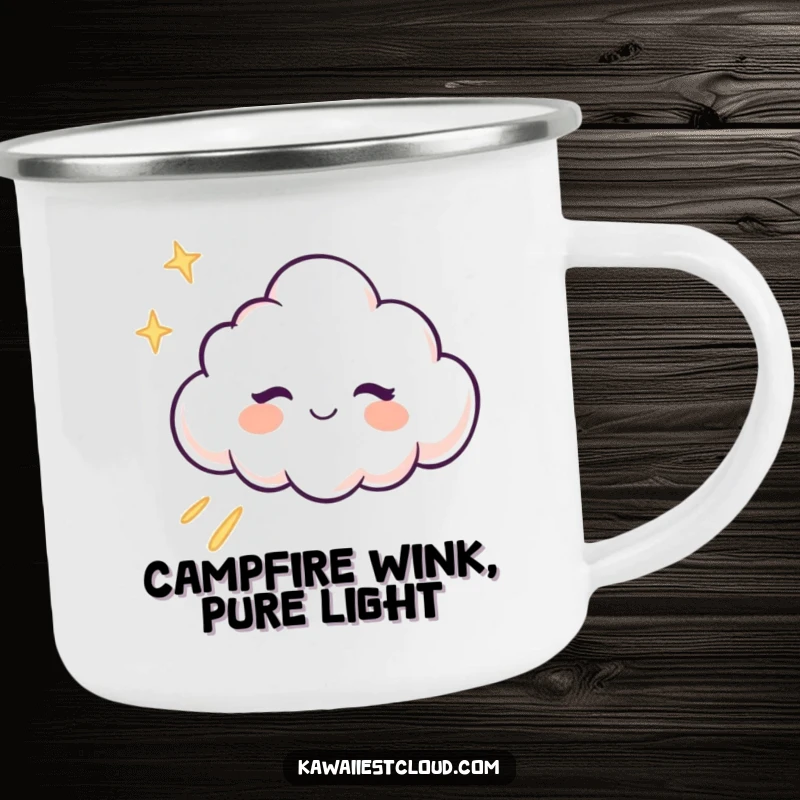 Funny winking cloud character leaving a trail of light on a durable camping mug, for magical adventurers.