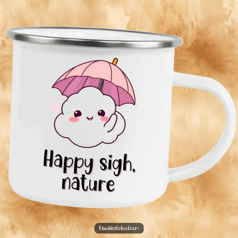 Funny camping mug with a relaxing cloud character sighing happily and holding an umbrella, perfect for outdoor serenity.