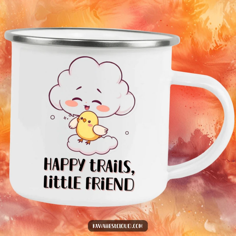 Funny giggling cloud camping mug character playfully tickling a bird with wisps, ideal for enjoying drinks outdoors with a joyful spirit.